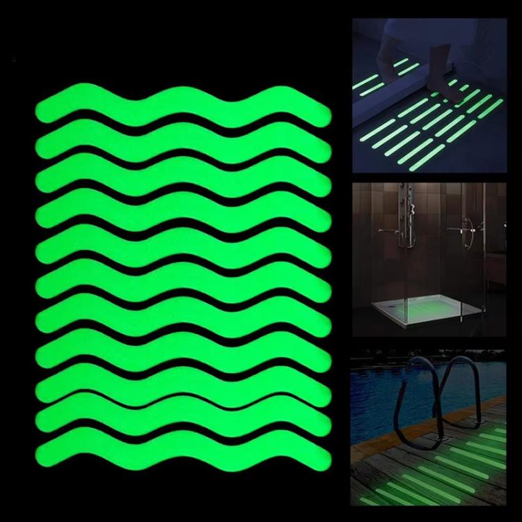 12pcs /Pack PEVA Self-Adhesive Glow-in-the-Dark Anti-Slip Stickers for Bathroom, Stairs, Floor S-shape 1.3x18cm