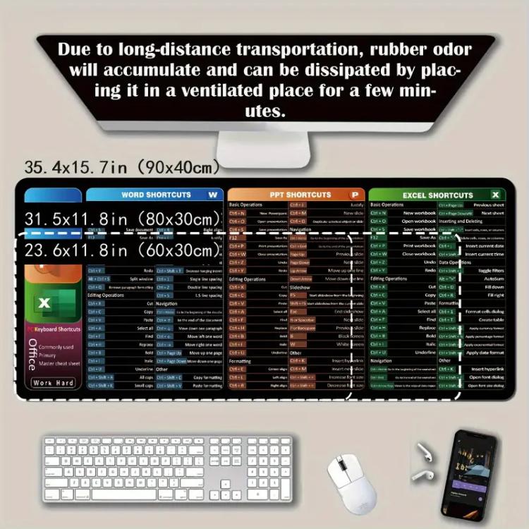 Keyboard Shortcut Desk Mat Mouse Pad Non-Slip Office Desk Pad With Computer Commands 300x800x2mm