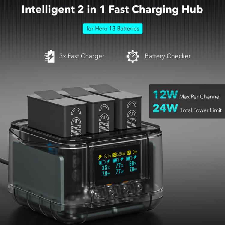 For GoPro HERO13 Black Super Fast Charger Dock Battery Charging Station With OLED Screen Display - Transparent Black
