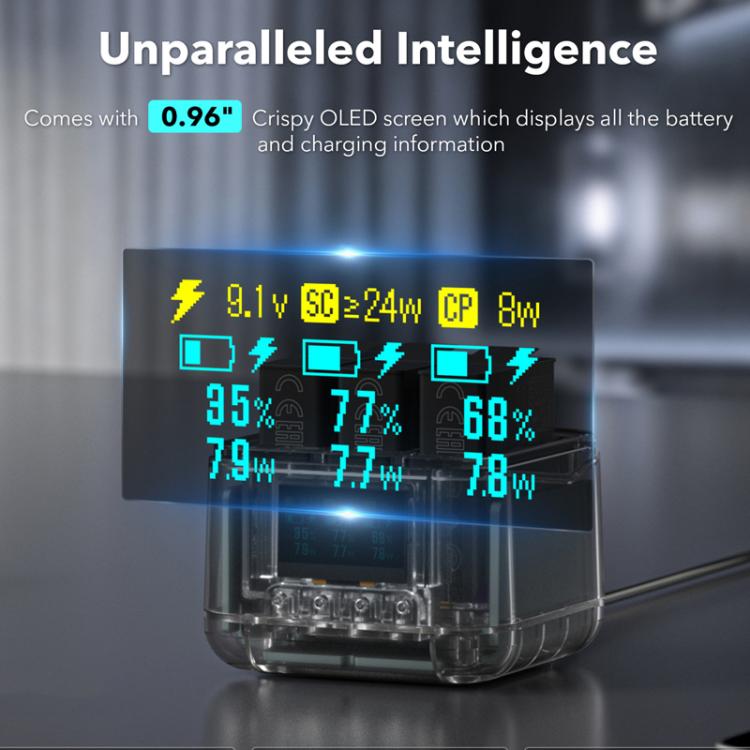 For GoPro HERO13 Black Super Fast Charger Dock Battery Charging Station With OLED Screen Display - Transparent Black