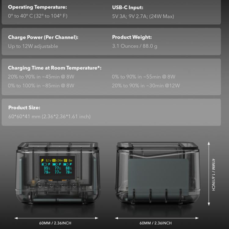 For GoPro HERO13 Black Super Fast Charger Dock Battery Charging Station With OLED Screen Display - Transparent Black