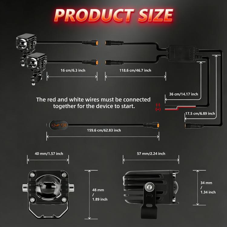 40W Motorcycle Wired Switch Integrated Waterproof Demon Eye Spotlight - Red Light