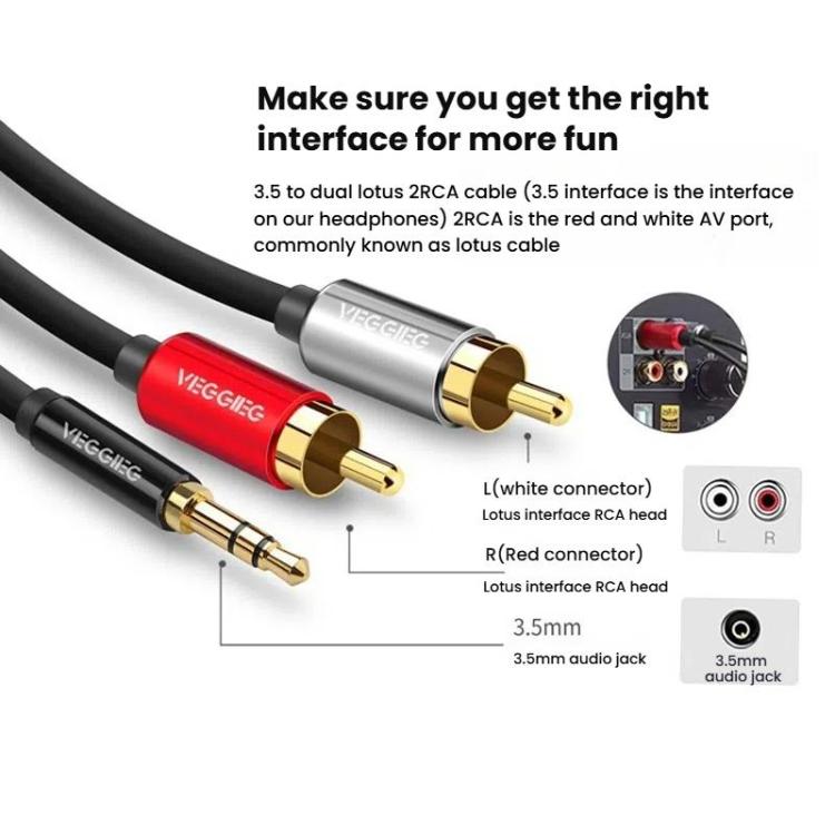 VEGGIEG 3.5mm 3.5 To 2RCA Audio Cable Cell Phone Computer Speaker Connection Cable, Length: 1m