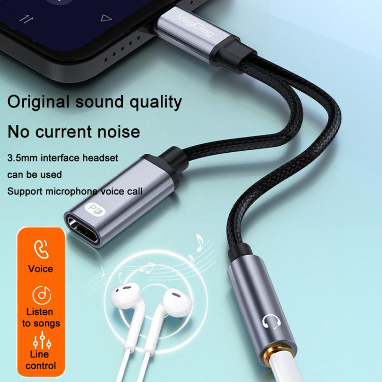 VegGieg Type-C To 3.5mm Female+PD Fast Charging Earphone Adapter Cable With Audio Cell Phone Convertor