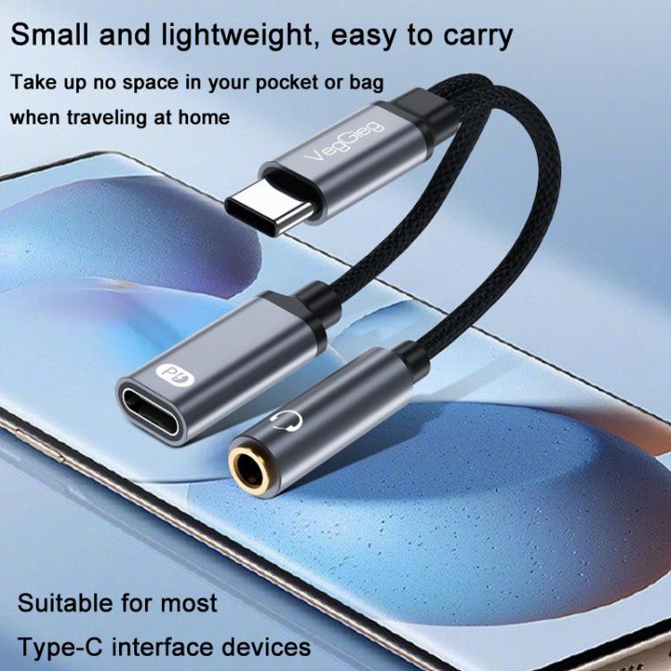 VegGieg Type-C To 3.5mm Female+PD Fast Charging Earphone Adapter Cable With Audio Cell Phone Convertor