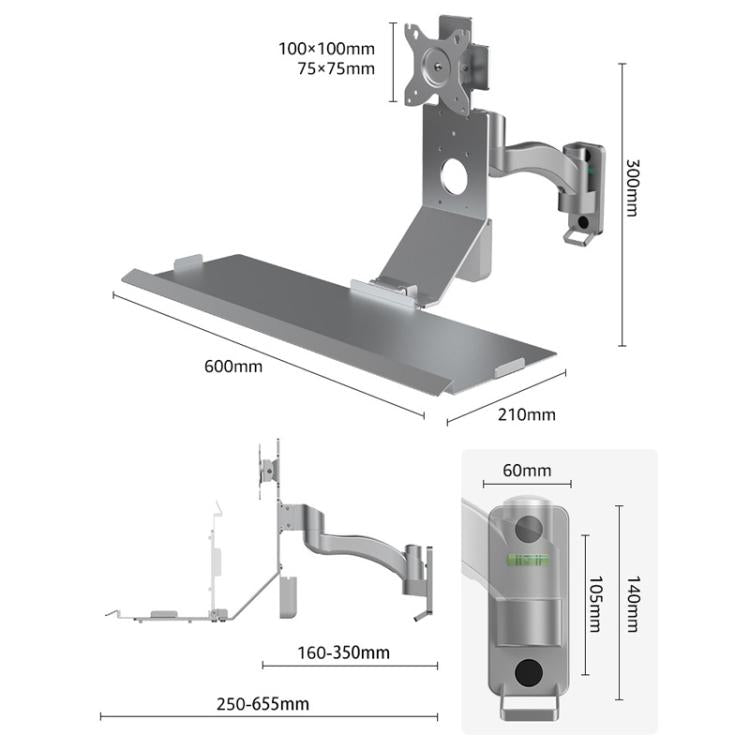 Monitor Bracket Industrial Equipment Cabinet Wall Mount All-In-One Stand Mouse Keyboard Bracket, Style: WKS-2 21x60cm Tray Silver