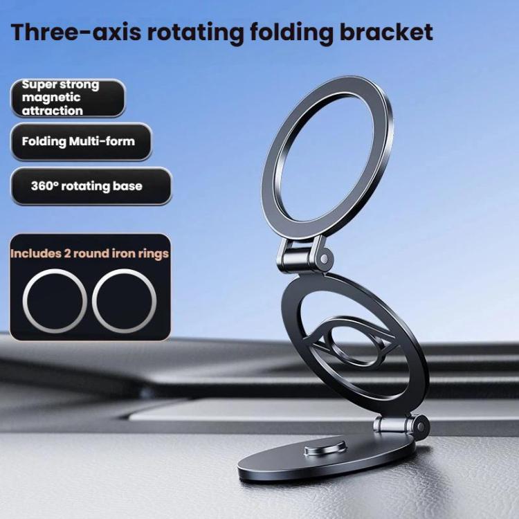Multi-Functional 360 Degree Rotating 3-Axis Phone Holder Magnetic Car Navigation Foldable Mount - Black