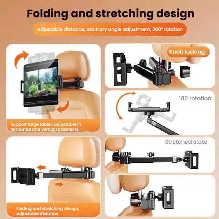 Telescopic Car Rear Pillow Phone Tablet Holder 2-section Folding Headrest Bracket - Black