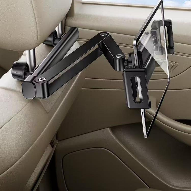 Telescopic Car Rear Pillow Phone Tablet Holder 3-Section Folding Headrest Bracket - Black