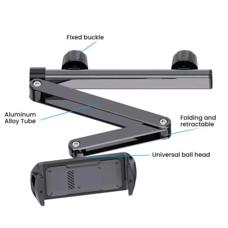 Telescopic Car Rear Pillow Phone Tablet Holder 3-Section Folding Headrest Bracket - Black