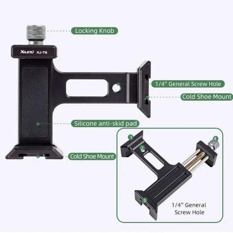 XILETU  XJ-T8 Metal Phone Holder Clamp With Cold Shoe 1/4-inch Screw Hole & Arca-Swiss Compatible Base