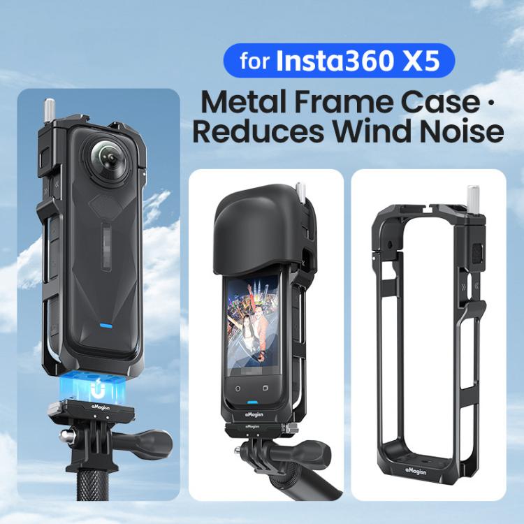 aMagisn Metal Cage for Insta360 X5 Wind Noise Reduction, Shockproof Mount with Dual Cold Shoe - Black