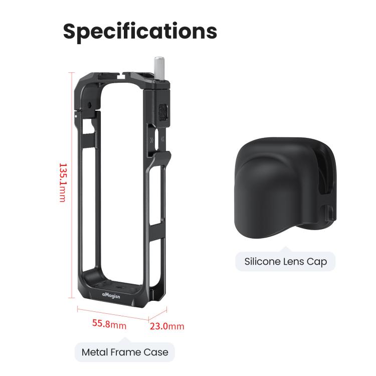 aMagisn Metal Cage for Insta360 X5 Wind Noise Reduction, Shockproof Mount with Dual Cold Shoe - Black