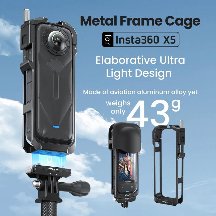 aMagisn Metal Cage for Insta360 X5 Wind Noise Reduction, Shockproof Mount with Dual Cold Shoe - Black