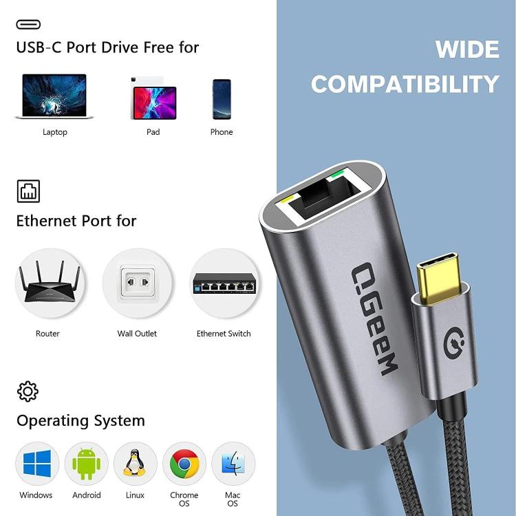 QGeeM  USB-C/Type-C To RJ45 LAN Converter Gigabit Ethernet Adapter for Laptop, PC, Smartphone, Plug & Play Cable Length 15cm