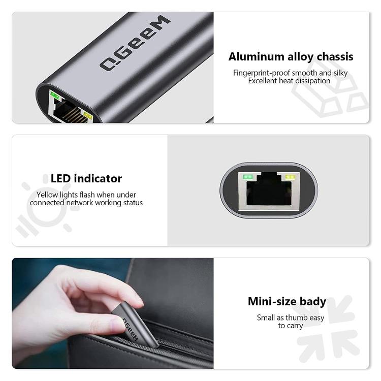 QGeeM  USB-A To RJ45 LAN Converter Gigabit Ethernet Adapter for Laptop, PC, Smartphone, Plug & Play Cable Length 15cm