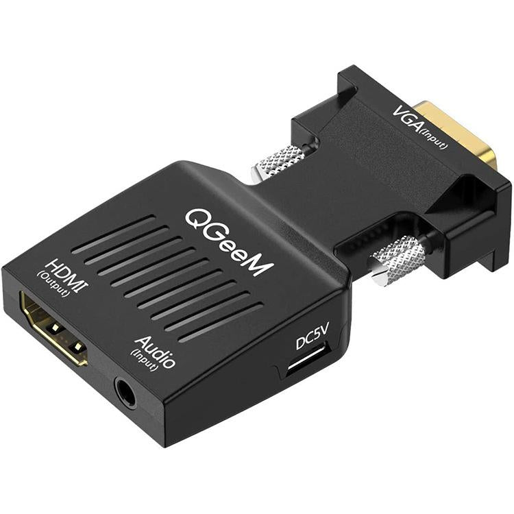 QGeeM VGA Male To HDMI Female Adapter With 5V Micro USB Power & Audio Transmission 1080P 60Hz - Black