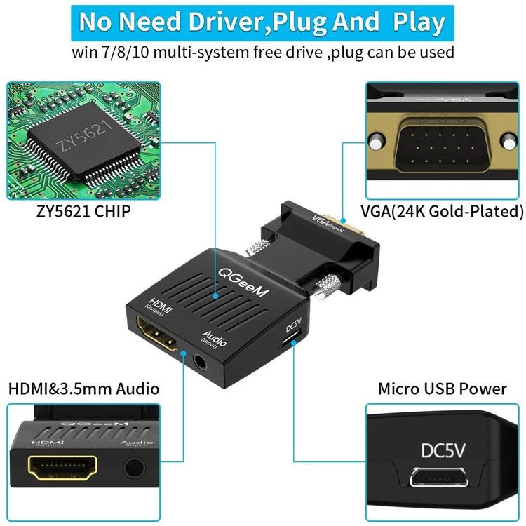 QGeeM VGA Male To HDMI Female Adapter With 5V Micro USB Power & Audio Transmission 1080P 60Hz - Black