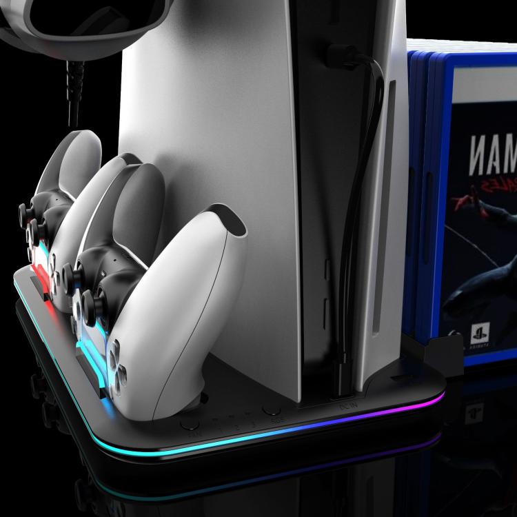 For PS5 Slim / Pro Multi-functional Cooling Stand with Controller Charging Station & Game Disc Storage Holder