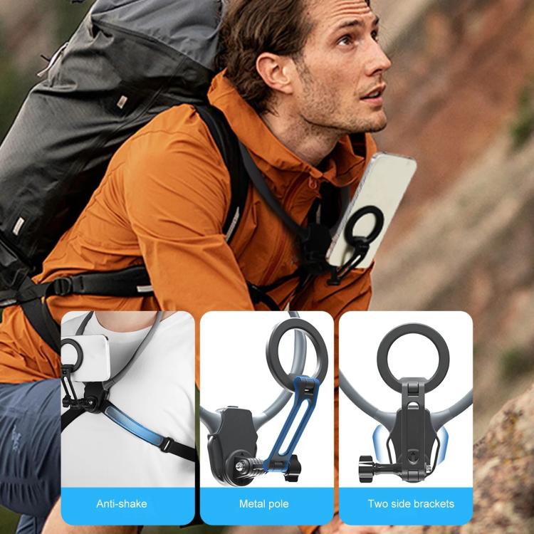 Adjustable Magnetic Neck Mount Phone Holder Quick-Release Chest Strap POV Mount For Sports & Vlogging - Black