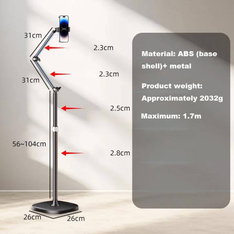 1.7m Mobile Phone Floor Stand Overhead Shooting Holder Retractable Lazy Support With Remote Control