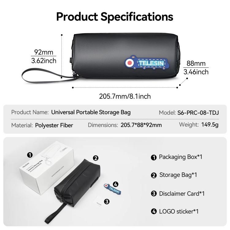For DJI Osmo Pocket 3 Creator Combo TELESIN Universal Portable Storage Bag Carrying Case - Black