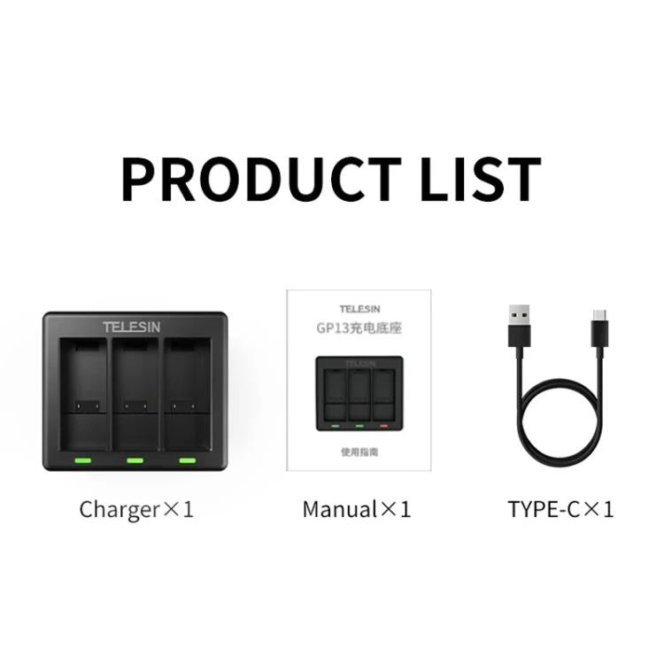 For GoPro HERO13 Black TELESIN 3 Slots Charging Base Action Camera Accessories - Black