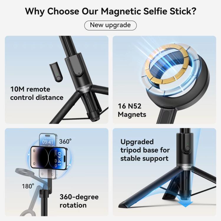 TELESIN 1.3m Magnetic Selfie Stick Tripod Phone Stand for Outdoor Vlog & Live Streaming with Bluetooth Remote - Black