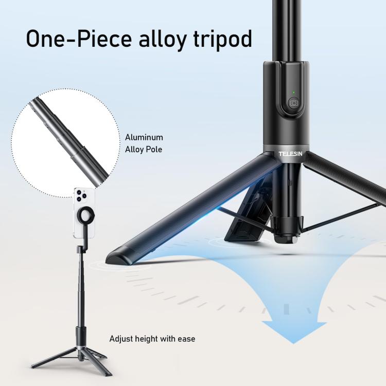 TELESIN 1.3m Magnetic Selfie Stick Tripod Phone Stand for Outdoor Vlog & Live Streaming with Bluetooth Remote - Black