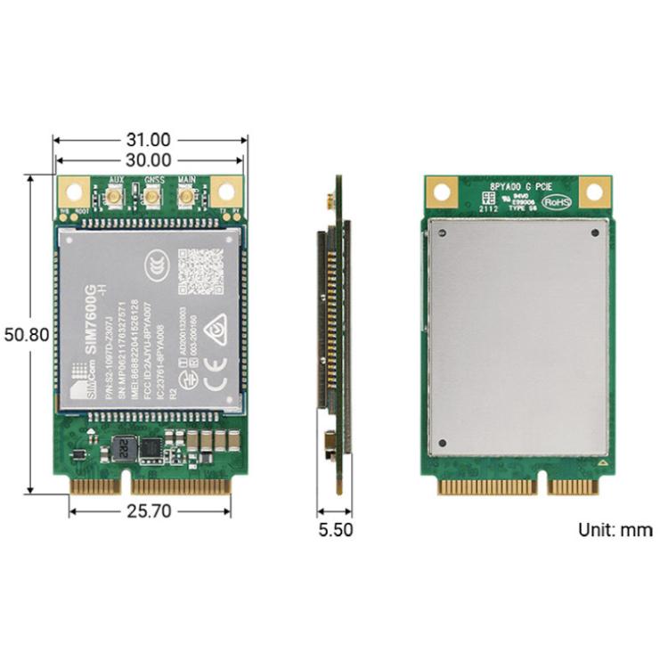 Waveshare SIMCom SIM7600G-H-PCIE 4G LTE Cat-4 Module, Global Coverage, GNSS, Mini-PCIe Connector