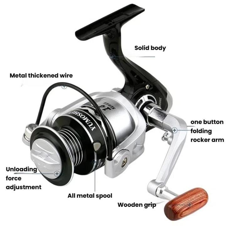 YUMOSHI OE4000 YUMOSHI Metal Spool Spinning Fishing Reel with 5.2:1 Gear Ratio, Foldable Handle & Wooden Grip