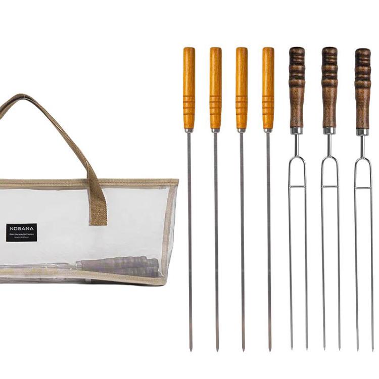 NOBANA Outdoor BBQ Grilling Fork Portable Stainless Steel Wooden Handle Grilling Skewer With Storage Bag, Spec: 7pcs /Set White