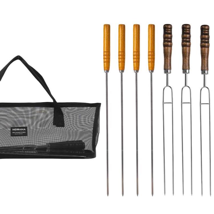NOBANA Outdoor BBQ Grilling Fork Portable Stainless Steel Wooden Handle Grilling Skewer With Storage Bag, Spec: 7pcs /Set Black