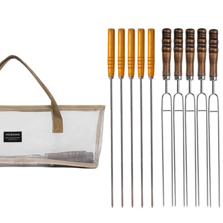 NOBANA Outdoor BBQ Grilling Fork Portable Stainless Steel Wooden Handle Grilling Skewer With Storage Bag, Spec: 10pcs /Set White