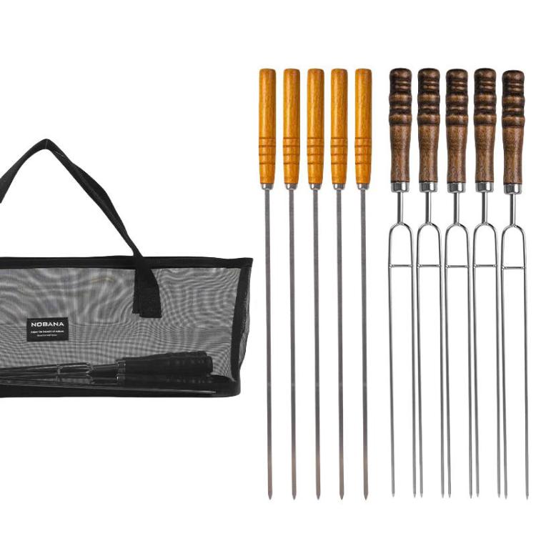 NOBANA Outdoor BBQ Grilling Fork Portable Stainless Steel Wooden Handle Grilling Skewer With Storage Bag, Spec: 10pcs /Set Black