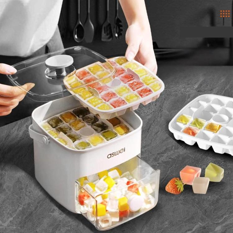 Kacheeg 2-In-1 Double Layer Ice Cube Tray With Storage Container Easy Push Release Mold - White