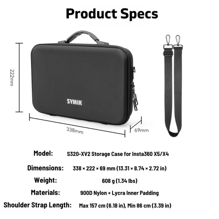 For Insta360 X5 / X4 Camera SYMIK Large Capacity Storage Bag Handbag Messenger Carrying Case - Black