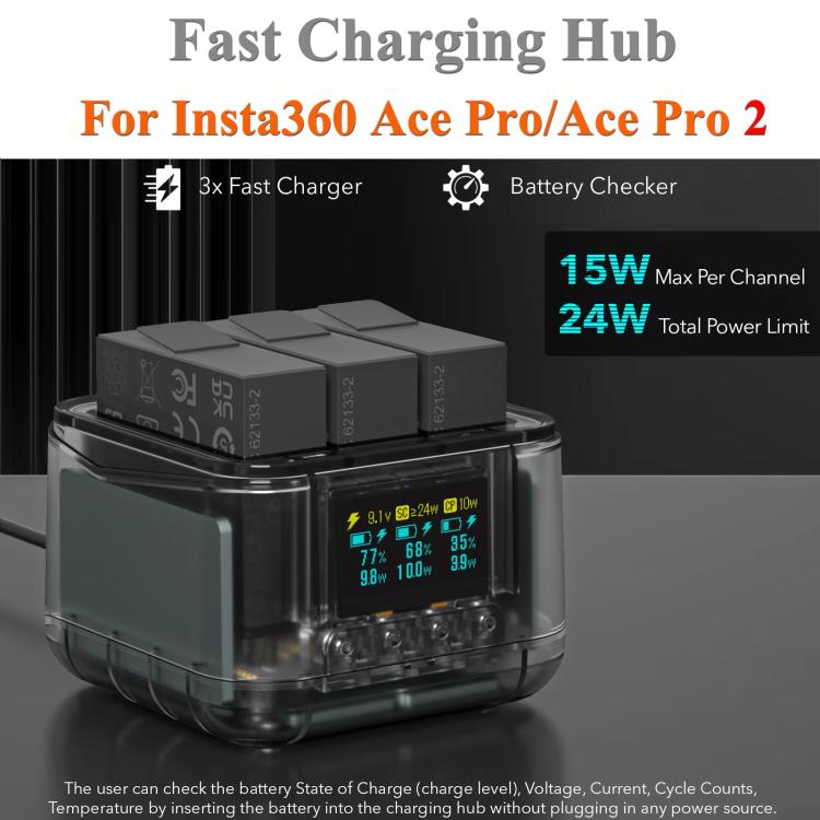 For Insta360 Ace Pro/Ace Pro 2 Battery Charger 3-Channel Fast Charging Station With OLED Screen - Transparent Black