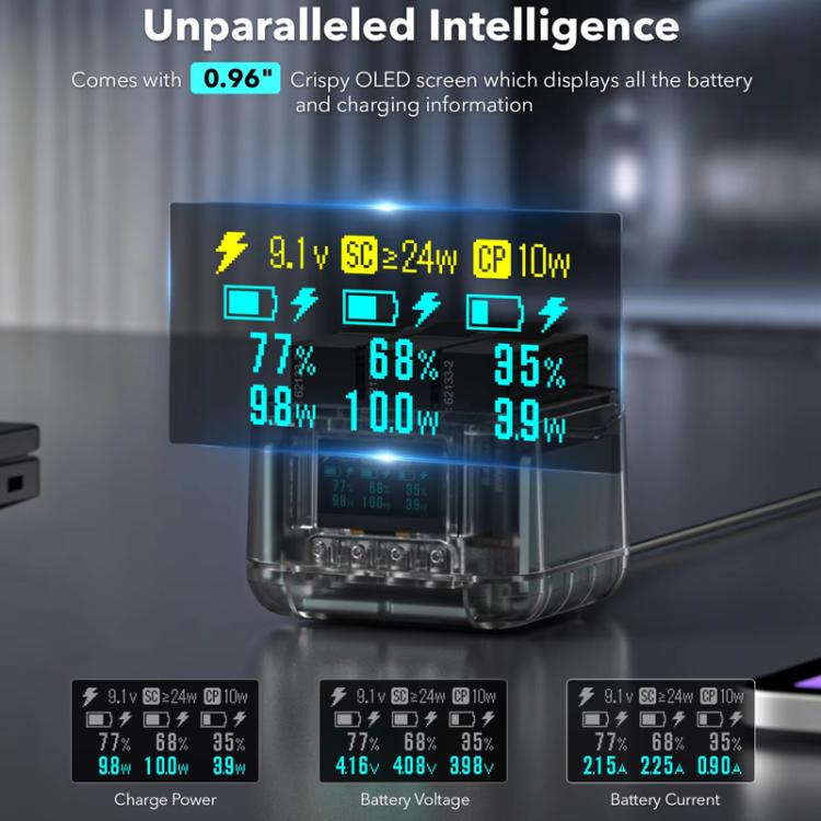 For Insta360 Ace Pro/Ace Pro 2 Battery Charger 3-Channel Fast Charging Station With OLED Screen - Transparent Black