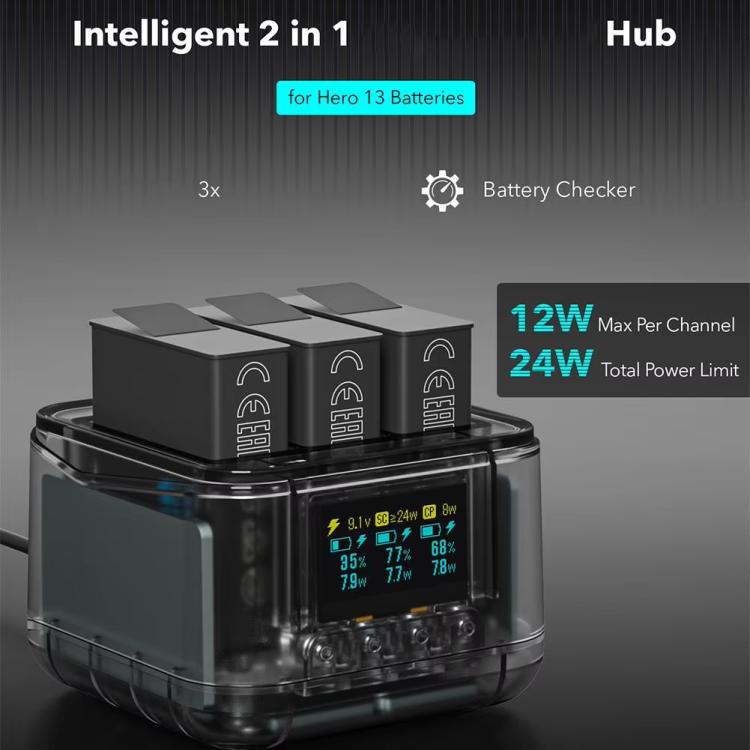 For GoPro HERO13 Black Triple Battery Charger Smart Charging Dock With OLED Display - Transparent Black