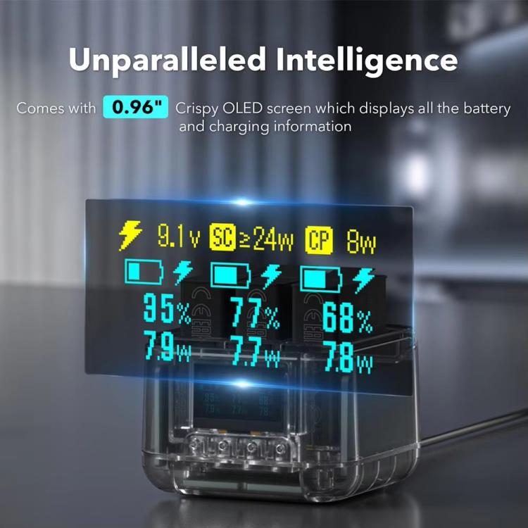For GoPro HERO13 Black Triple Battery Charger Smart Charging Dock With OLED Display - Transparent Black