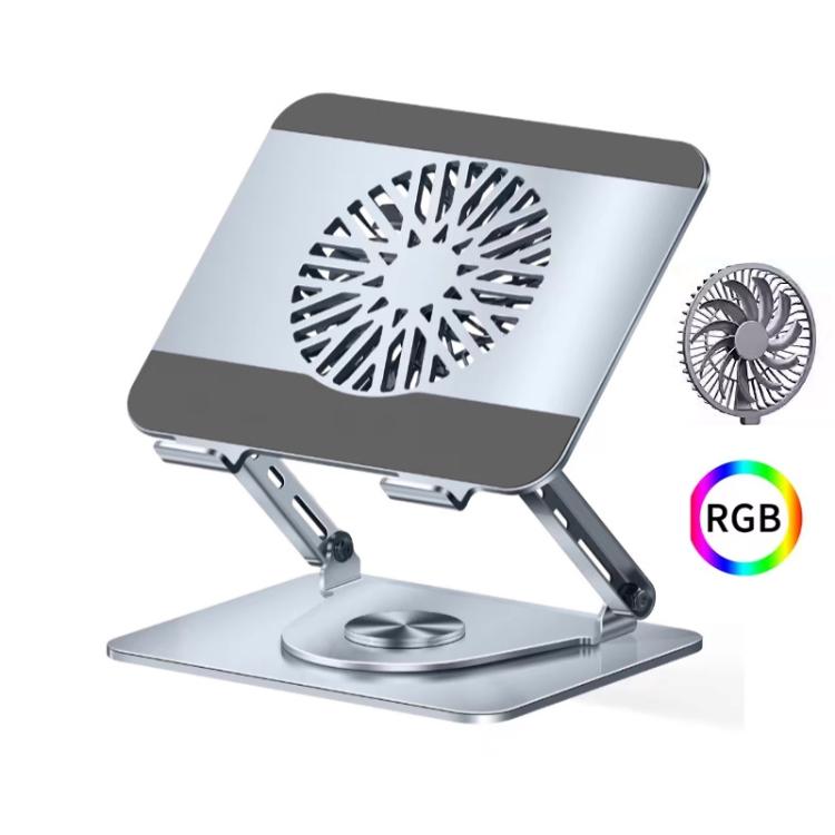 360 Rotating Laptop Stand Foldable Metal Desk Holder For 17.3 Inch Laptops Tablets With RGB Cooling Fan Silver