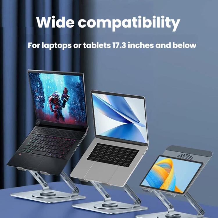 360 Rotating Laptop Stand Foldable Metal Desk Holder For 17.3 Inch Laptops Tablets With Magnetic Cooling Fan Silver