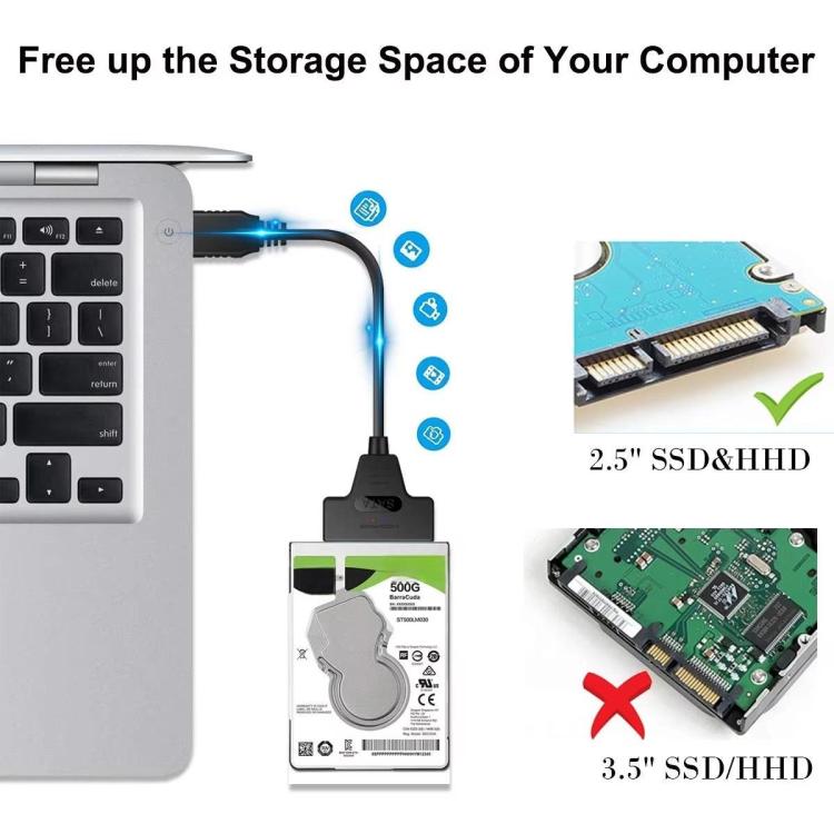 USB 3.0/USB-C to SATA 22-Pin Adapter Cable for 2.5-inch Laptop HDD/SSD, Cable Length:  25cm