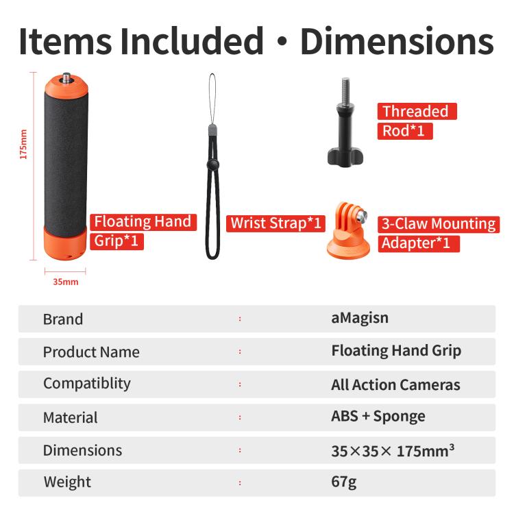 aMagisn Universal Floating Hand Grip for Action Cameras with Triple Claw & 1/4-inch Screw Mount - Black Orange
