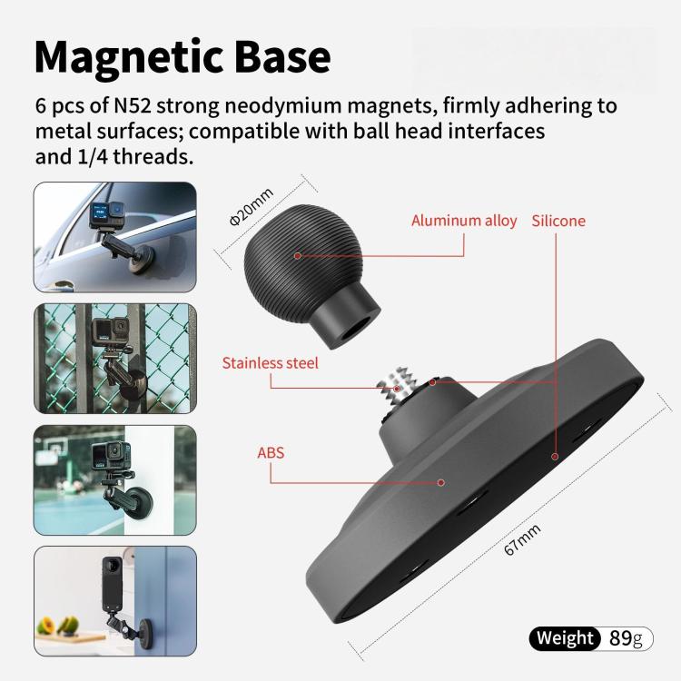 aMagisn Metal Arm Clamp Magnetic Base with 1/4-inch Ball Head For Insta360, DJI, GoPro Cameras - Black