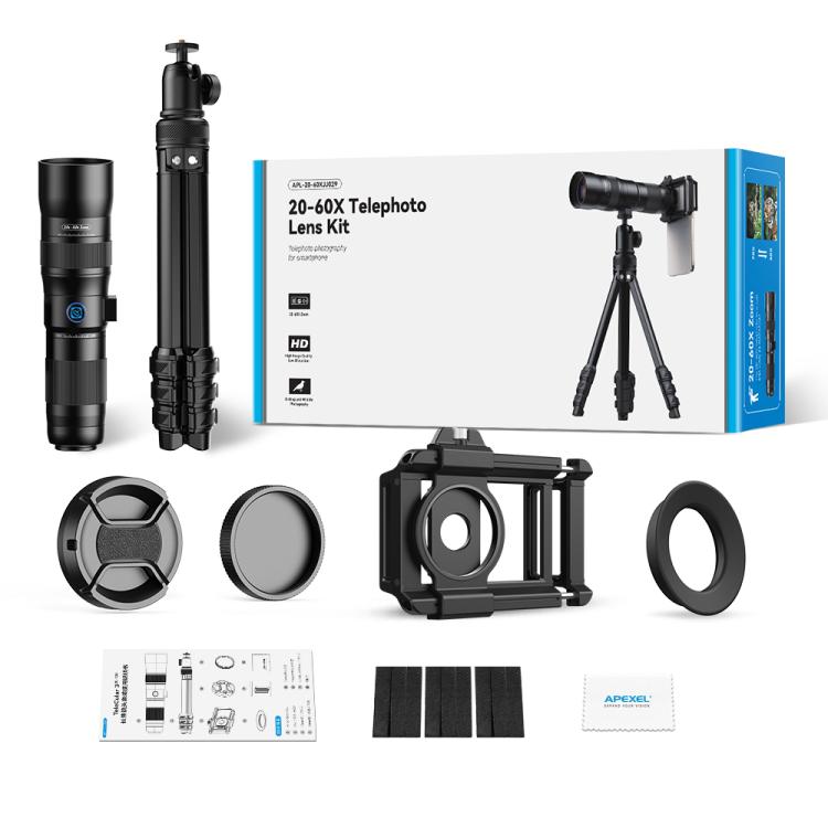 APEXEL TeleCular 3 20X-60X Zoom Lens Kit for Smartphones HD Super Telephoto Long-Range Shooting with Tripod Adapter