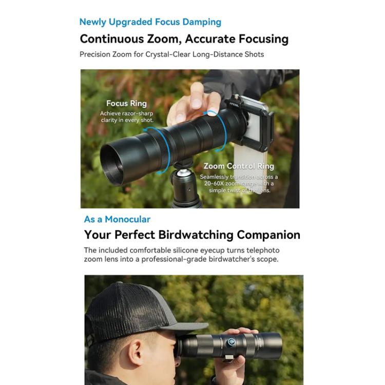 APEXEL TeleCular 3 20X-60X Zoom Lens Kit for Smartphones HD Super Telephoto Long-Range Shooting with Tripod Adapter