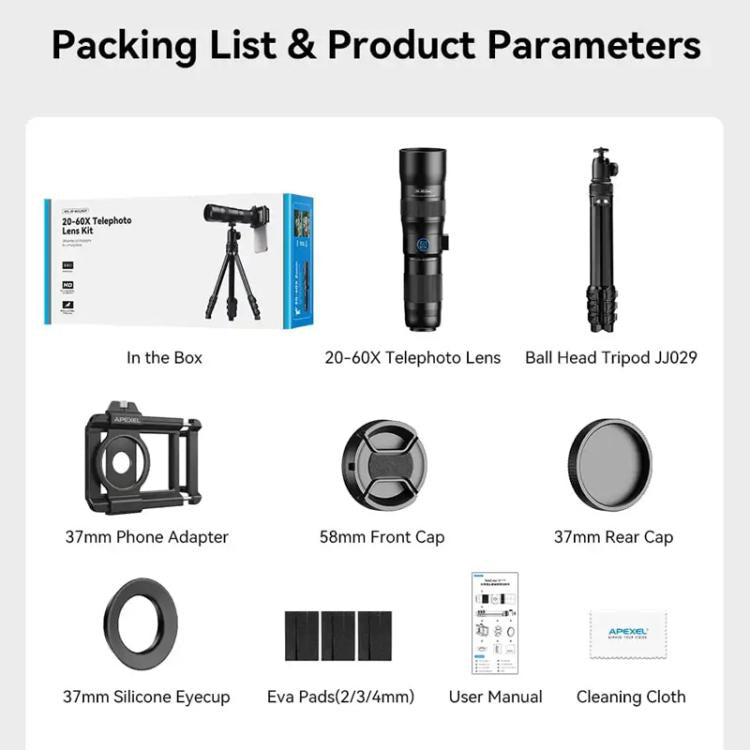 APEXEL TeleCular 3 20X-60X Zoom Lens Kit for Smartphones HD Super Telephoto Long-Range Shooting with Tripod Adapter