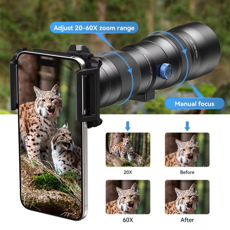 APEXEL TeleCular 3 20X-60X Zoom Lens Kit for Smartphones HD Super Telephoto Long-Range Shooting with Tripod Adapter